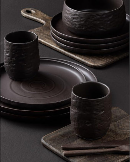 Stone by Mercer Project SHOSAI 16-Piece Stoneware Dinnerware Set, Plates and Bowls Set, Modern Dishware set fo 4, Black