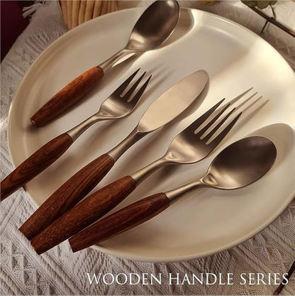 Silverware Flatware Cutlery Set, 5/20/30/40 Pieces Wooden Handle 304 Stainless Steel Table Knives, Forks And Spoons, Home Tableware, Restaurant Tableware(40 Pieces for 8)