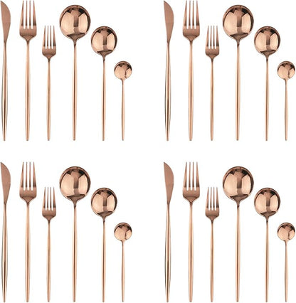 24Pcs Copper Mirror Silverware Flatware Set, 18/0 Stainless Steel Cutlery Set Utensils Kitchen Rose Gold Dinnerware Include Knife Fork Spoon and Teaspoon, Service for 4