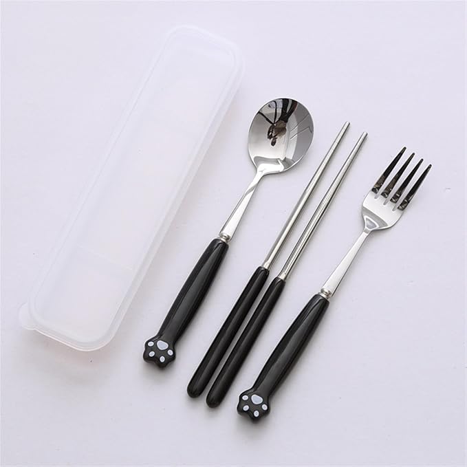 Cute Silverware Set, Cat Paw Ceramic Handle Dinnerware Set Flatware Kitchen Accessories Camping Travel Sets Fork Spoon Chopstick Portable Cutlery Sets with Case, Black Pink Blue Yellow Green
