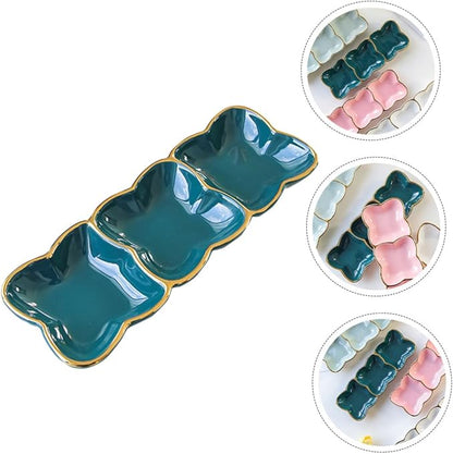 Amosfun Ceramic Three-Compartment Sauce Dish Divided Dipping Plate for Condiments Gold-Trimmed Tableware for BBQ Appetizers and Sauces