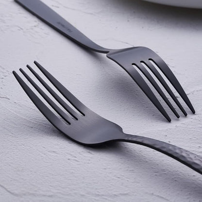 Matte Black Dinner Fork Set of 6, 8.0 inches Stainless Steel Black Silverware, Metal Hammered, Satin Finish