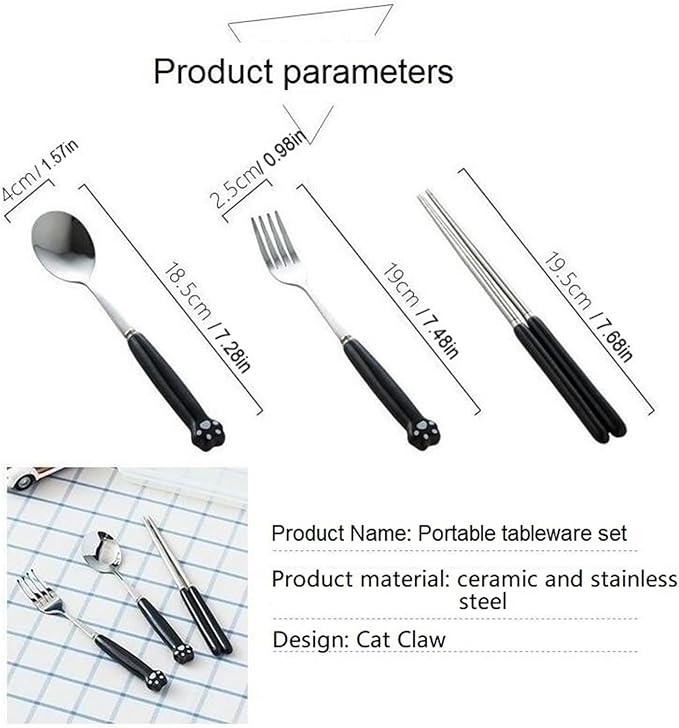 Cute Silverware Set, Cat Paw Ceramic Handle Dinnerware Set Flatware Kitchen Accessories Camping Travel Sets Fork Spoon Chopstick Portable Cutlery Sets with Case, Black Pink Blue Yellow Green