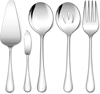 LIANYU 5-Piece Stainless Steel Serving Utensils Set Include Serving Spoon Fork, Flatware Serving Pieces for Buffet Catering, Mirror Finish, Dishwasher Safe