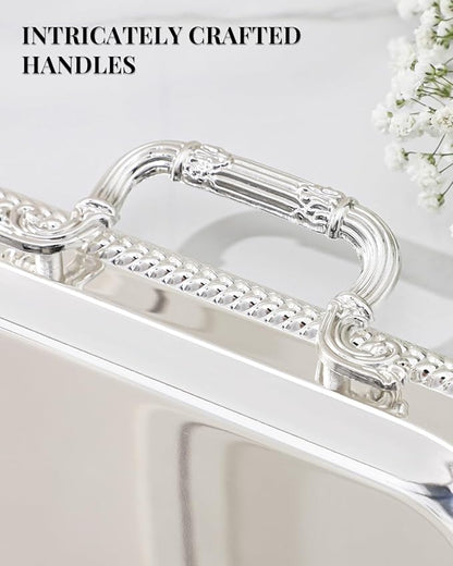 18.5"x14.5" Rectangular Silver Serving Tray with Handles, Beautiful Mirror Polished Finish, Lightweight Classic Metallic Decorative Silverplate Tray for Wedding Anniversary Birthday Holiday Gatherings