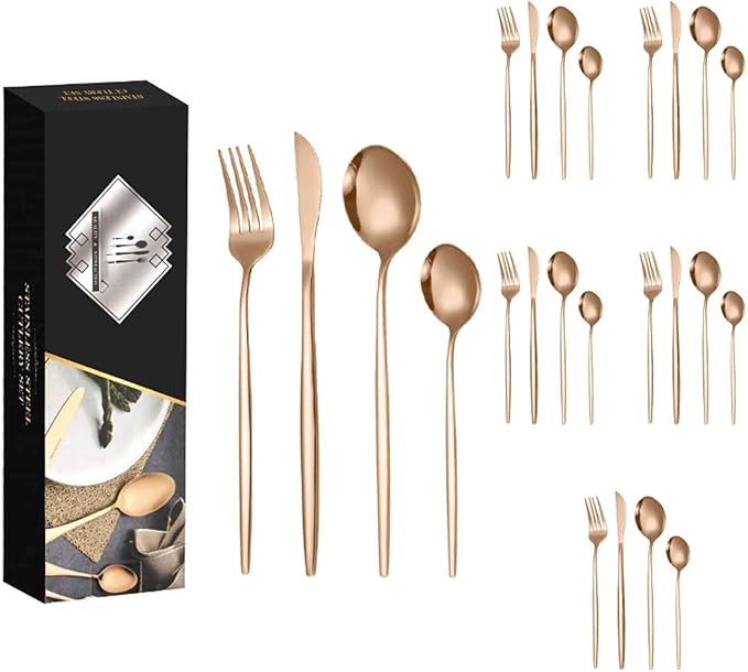 24 PCS Fine Flatware Set, Flatware Serving Set for 6, Utensil Set for Home and Restaurant Include Knives/Forks/Spoons, Dishwasher Safe, for Outdoor Camping Picnic(Size:A,Color:Rose Gold)