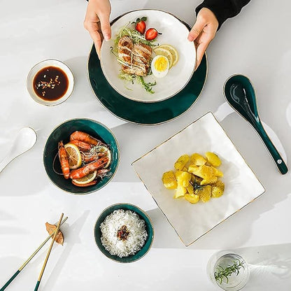 Dinnerware Set Dinner Party Tableware Service Set Nordic Minimalist Style Plate and Bowl Sets, Green and White Mixed Ceramic Dishware Sets, Irregular Underglaze Kitchen Plate Set