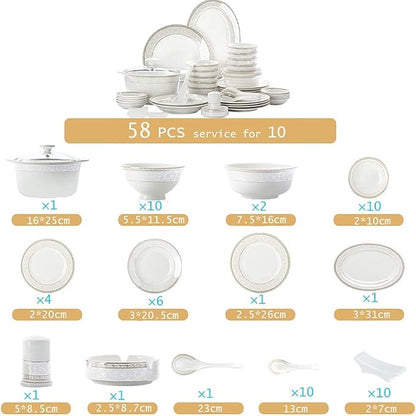 White Round Porcelain Dinnerware Set, Dishes/Plate/Bowl Set, Fine Bone China Dinnerware Sets, Collection Ceramic Kitchen and Dining Sets for Home,B56 pcs Service for 10 (58 Pcs Service for