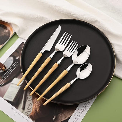50-Piece Wood Handle Silverware Set 304 Stainless Steel Flatware Set Service For 10, Forks Spoons and Knives Set for Home, Restaurant, Wedding, Party (White Ash Wood)