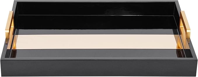 Black Coffee Table Tray, Rustic Wood - 17'' Decorative Serving Tray with Gold Handles for Coffee Table Decor & Ottoman Use Rectangle for Home Decor