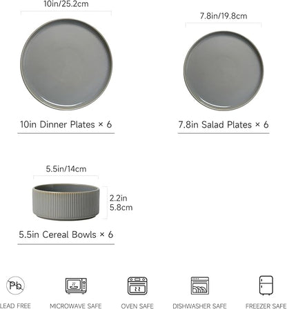 MONITO Ceramic Dinnerware Sets for 6, 18PCS Stoneware Plates and Bowls Sets, Reactive Glaze Dish Set, Chip and Scratch Resistant Double, Microwave and Dishwasher Safe, Sage Mist
