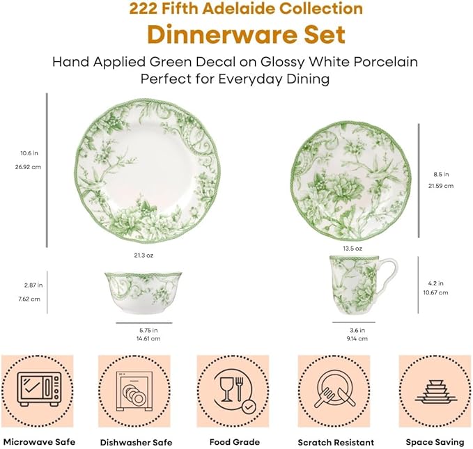 222 Fifth Adelaide Moss 16-Piece Porcelain Dinnerware Set – Service for 4, Plates, Bowls & Mugs, Hand-Applied Decal, Microwave & Dishwasher Safe, for Everyday Dining & Entertainment