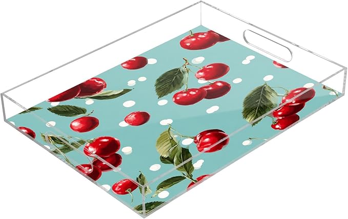 Serving Tray with Handles Clear Acrylic Tray 12x16 Inch Decorative Rectangular Tray Organizer for Ottoman Coffee Table Bathroom White Dots Red Cherry