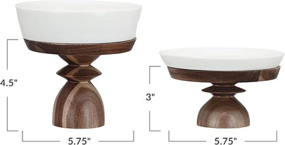Bloomingville Acacia Wood-Enhanced Stoneware Serving Set, White and Natural, Set of 2