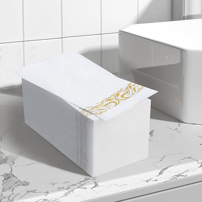 BESTVIP 200 Pack Disposable Paper Napkins,3-Ply Dinner Napkins with Gold Trim for Guests,Bathroom Paper Hand Towels Soft and Absorbent,Perfect for Christmas,Kitchen,Dinner,Party,Wedding or Event