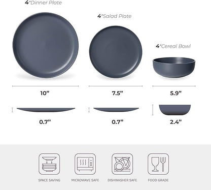 12-Piece Matte Blue Dinnerware Set,Stoneware Dinnerware for 4, Microwave & Dishwasher Safe, Stackable Design for Kitchen and Dining - Plates and Bowls
