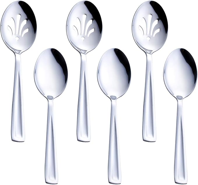 GoGeiLi Stainless Steel Serving Set, 3 Large Spoons and 3 Slotted Spoons, 9.5-inch Catering Set for Party, Banquet, Buffet, Dishwasher Safe