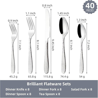 Hammered Silverware Set, CITESANA 40-Piece Heavy Duty Mirror Polished Stainless Steel Flatware Set Cutlery Set Flatware Service for 8