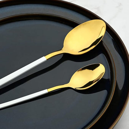 24-Piece Flatware Set, 18/0 Stainless Steel Knife Fork Spoon Teaspoon Silverware Set, Service for 6, White slender handle Gold