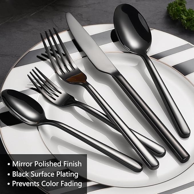 Black Silverware Set for 8, Heavy-Duty Stainless Steel Black Flatware Cutlery Set, Modern Round Handle Utensils, Dishwasher Safe for Home, Restaurant, Mirror Polished, 40-PCS
