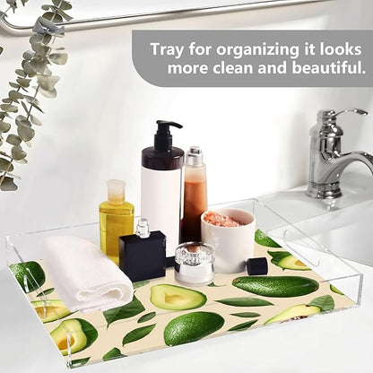 Serving Tray with Handles Clear Acrylic Tray 12x16 Inch Decorative Rectangular Tray Organizer for Ottoman Coffee Table Bathroom Nature Avocados Leaves