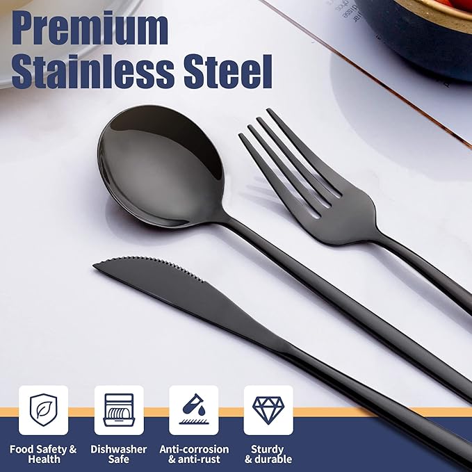 20 Piece Black Silverware Set,Stainless Steel Flatware Cutlery Set Service for 4 Including Forks Spoons Knives,Kitchen Utensil Set,Tableware for Home and Restaurant, Dishwasher Safe