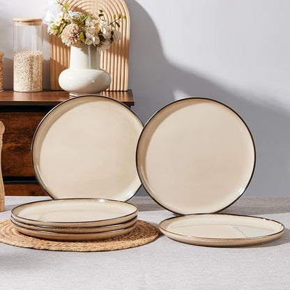 E-far 10.5” Ceramic Dinner Plates Set of 6, Large Reactive Glaze Stoneware Dishes, Round Salad Plate for Home Kitchen Restaurant, Microwave & Dishwasher Safe – Sandy Beige