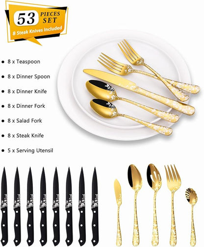 Stapava 53-Piece Gold Silverware Set with Serving Utensils, Stainless Steel Gold Flatware Cutlery Set, Mirror Eating Utensils Tableware with Butterfly Flower Laser, Dishwasher Safe
