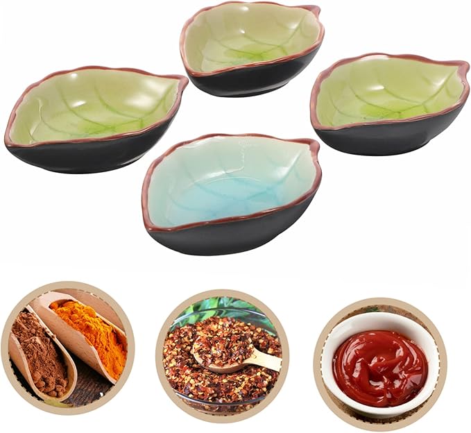 4pcs Ceramic Plate Leaf Design Ice Cracked Glaze Sauce Dishes for Appetizer Dessert Decorative Use Safe for Boys and Girls Random Style