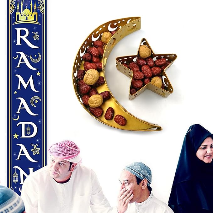 Eid Mubarak Moon Star Tray, Ramadan Decoration Ramadan Trays, Muslim Wooden Plate Tray Moon Star Shaped Food Fruit Serving Tray, Eid Mubarak Dessert Tray for Ramadan Festival Party(Silver A3)