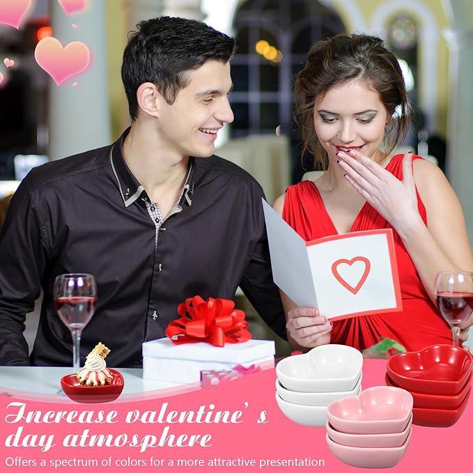 6 Pcs Heart Shaped Bowls Ceramic Dip Bowl Plates Multipurpose Salad Appetizer Plates Gifts for Candy Sauce Sushi Dipping Serving Wedding Anniversary Valentine's Day (Pink, White, Red)