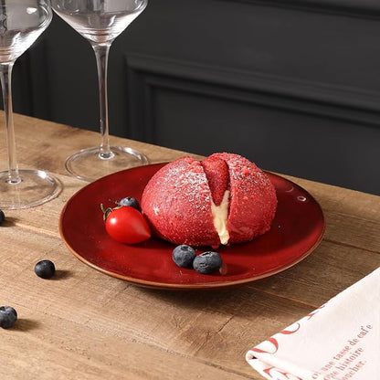 vicrays Ceramic Dessert Salad Plates, 8 Inch, Set of 6, Round, Microwave, Oven, and Dishwasher Safe, Scratch Resistant, Porcelain Fluted Suitable for Snacks, Appetizer, Home, Restaurant (Cherry Red)