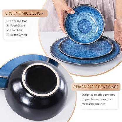 Plates and Bowls Sets for 6 - CJDC-QUELO 24-Piece Stoneware Dinnerware Sets, Ceramic Dishware Set for Indoor Kitchen Use and Formal Dining, Chip and Scratch Resistant Microwave Dishwasher Safe, Blue