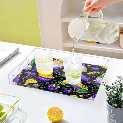 Serving Tray with Handles Clear Acrylic Tray 12x16 Inch Decorative Rectangular Tray Organizer for Ottoman Coffee Table Bathroom Purple Mardi Gras Gnome