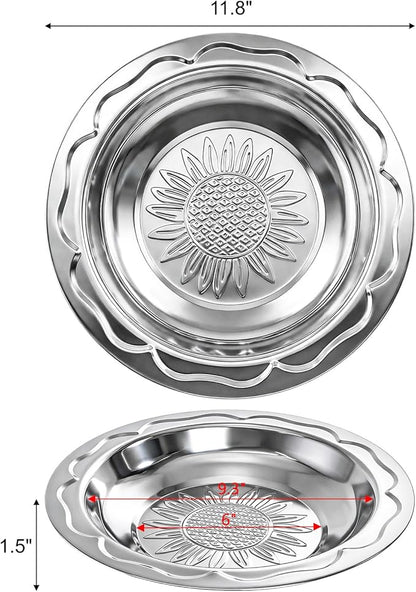 ZEAYEA 8 Pack Stainless Steel Round Tray, 11.8 Inch Metal Bar Serving Tray with Sunflower Pattern, Silver Decorative Display Serving Platter for Coffee Table, Party, Home, Ottoman