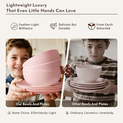 KINGSTONE Bone China Dinnerware Sets, 12-Piece Dinnerware Sets for 4, Lightweight Durable, Dishwasher Safe, Tableware for Daily Use with Elegant Design, Pink