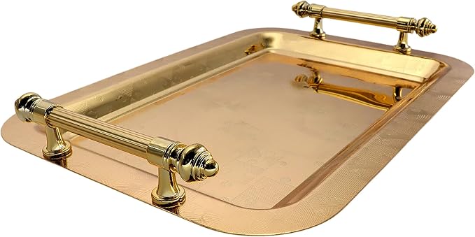 (Pack of 2) 14.2 Inch x 10.2 Inch Oblong Iron Gold Plated Serving Tray with Handles Puzzle Pattern Art Engraved Decorative Birthday Dessert Party Snack Platter Plate Dish Base CC-328