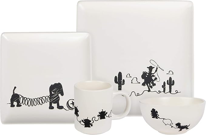 Toy Story 4-Piece Ceramic Dinnerware Set With Scribble Design - Cute Character Line Drawings - Beautiful Glazed White Square Dinner & Salad Plates With 16 Oz. Bowl & 11 Oz. Mug Place Setting