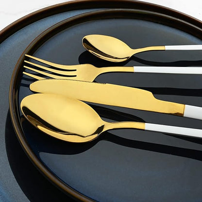 24-Piece Flatware Set, 18/0 Stainless Steel Knife Fork Spoon Teaspoon Silverware Set, Service for 6, White slender handle Gold