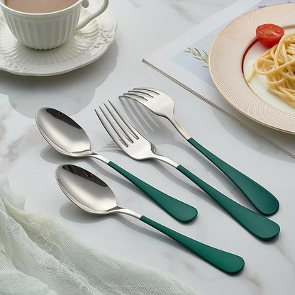 24 piece Green Forks and Spoons Silverware Set,Green Handle Silverware 18/0 Stainless Steel Flatware Bulk Forksand Spoons Dessert Forks of 24