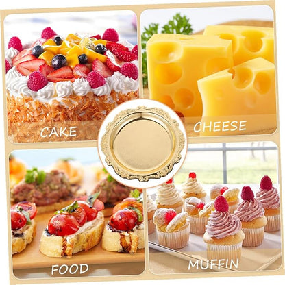VICASKY 8 Inch Silver Metal Serving Tray - Elegant Platter for Food, Snacks, Jewelry Display & Home Decor, Vintage Style Dessert Tray with Handles (Gold, Heavy Duty)