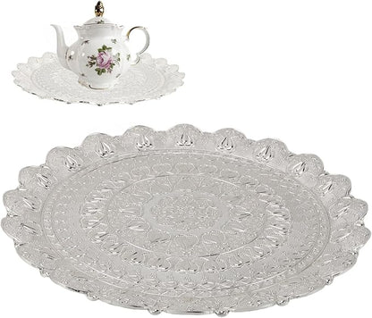 Turkish Tea Coffee Serving Tray, Vintage Style Round Metal Plate 13.8 Inch, Silver Embossed Pattern - Multi Purpose, Durable Metal Material, Ideal for Outdoor and Decorative Use (Silver)