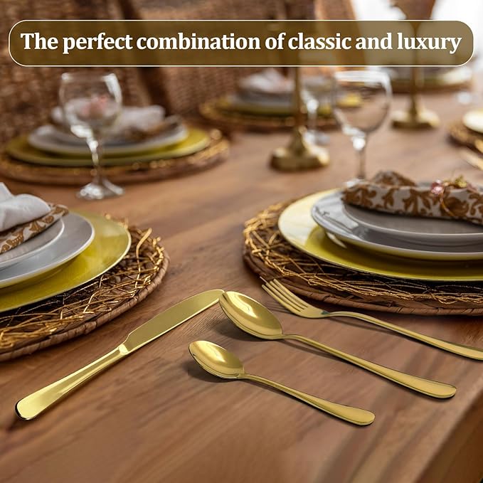 Gold Silverware Set, Stainless Steel Flatware Set Service for 6, Kitchen Cutlery Gift Set Utensils Knife Fork Spoon Dinnerware Tableware Kit for for Home, Wedding, Restaurant (Gold)