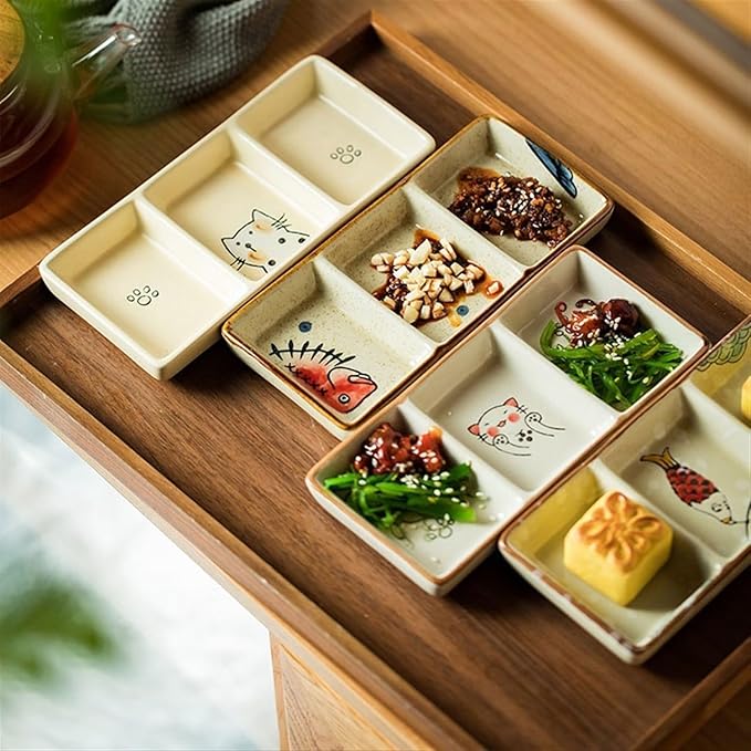 Sauce Dish 1 Piece Multifunctional Table Setting Snack Plate Snack Plate Multifunctional Seasoning Soy Sauce Plate Three Compartments Ceramic Plate Snack Plate(B), ZCL2024