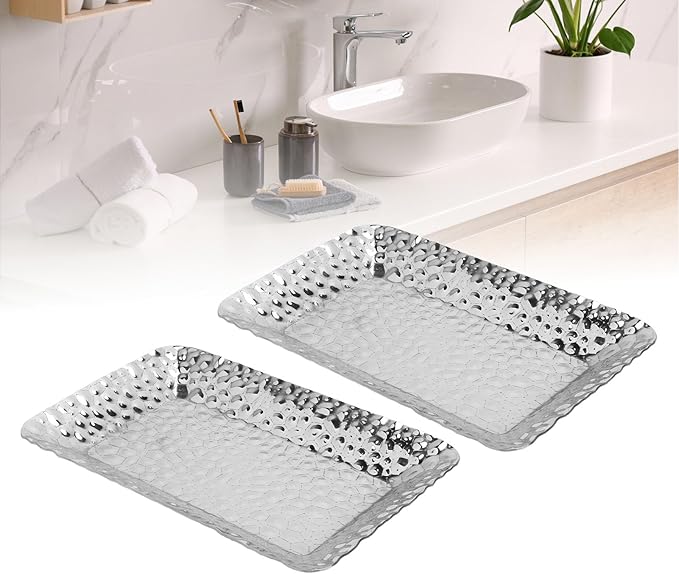 2PCS Stainless Steel Towel Tray, Rectangular Serving Tray, Decorative Vanity Platter Tray for Bathroom Counter Storage, Silver Stainless Steel with Elegant