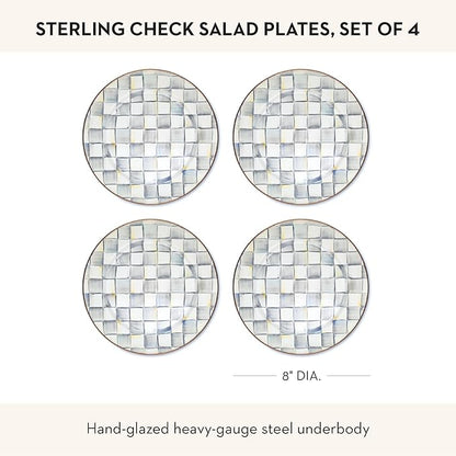 MACKENZIE-CHILDS Enamel Salad and Dessert Plate, Small Plate for a Dessert or Appetizer Dish, 8 Inches, Set of 4, Gray-and-White Sterling Check