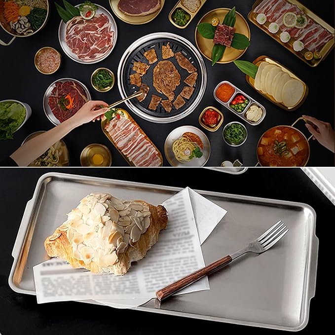 2 Pcs Serving Tray with Handles, Decorative Trays for Coffee Table, Stainless Steel Material, Non Stick Oil, Smooth and Easy to Clean(Silver,19x36CM/7x14IN)