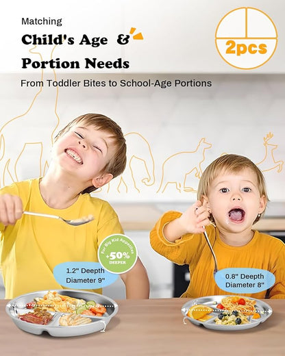 Stainless Steel Kids Plates 2 Packs, 8" Divided Toddlers portion control Plate, Non Toxic & BPA Free |Unbreakable |Dishwasher Safe Baby Snack Dish for Solid Starts Self-Feeding