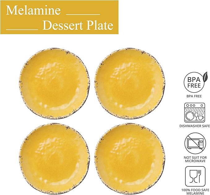 UP UPware Crackle Melamine Round Dessert Plates, Small Serving Plates, for Appetizer, Snacks, and Side Dishes, Yellow, 6 Inch, Set of 4