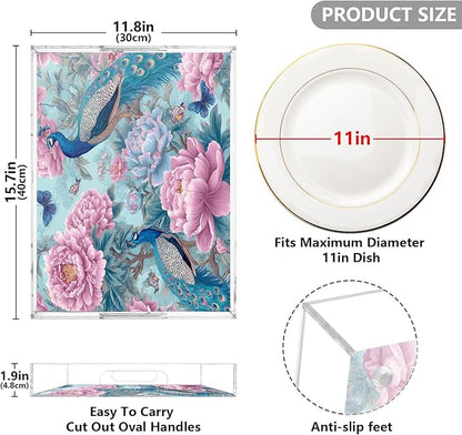 Serving Tray with Handles Clear Acrylic Tray 12x16 Inch Decorative Rectangular Tray Organizer for Ottoman Coffee Table Bathroom Light Blue Peacock Butterflies and Flowers